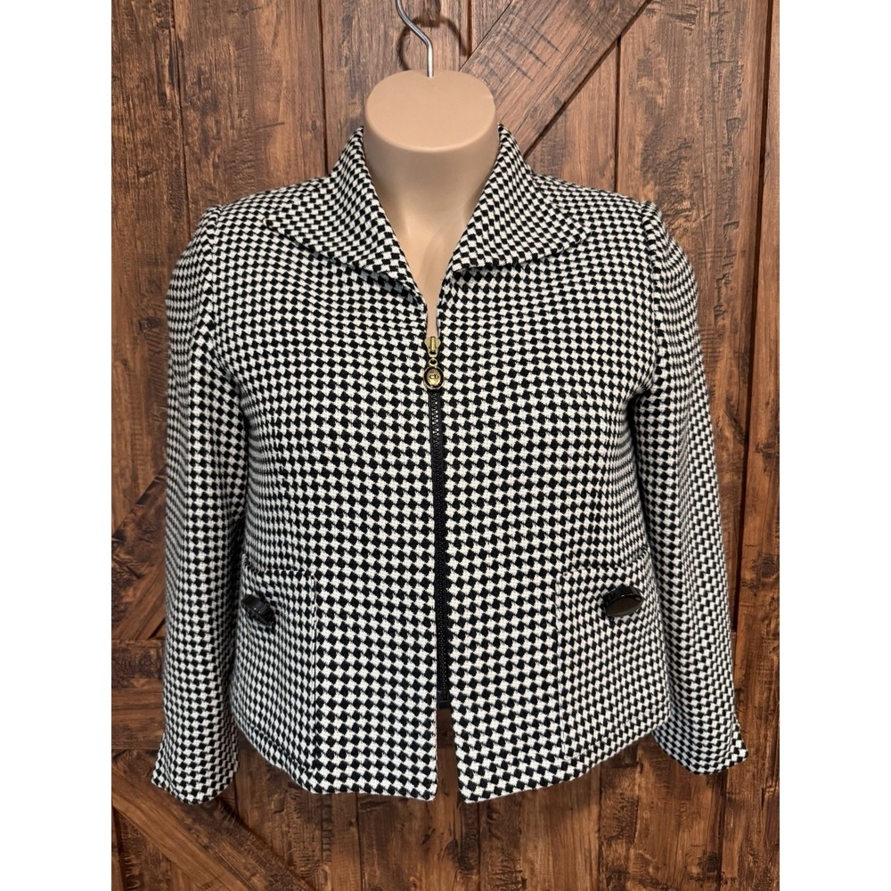 Vintage Christian Dior Women's 10P Crop Full Zip Houndstooth Jacket Blazer USA